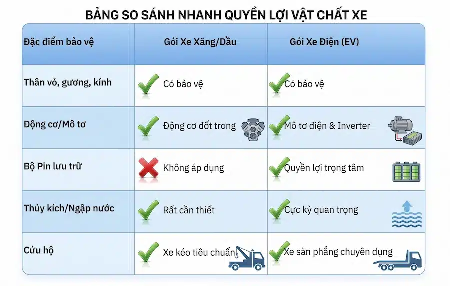 Bảng lưu ý về quyền lợi bảo hiểm xe xăng và xe điện bạn nên chú ý