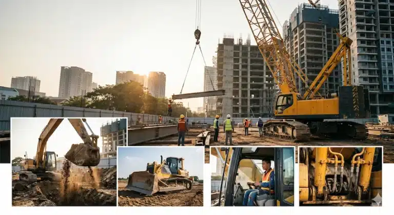 Các loại máy móc phổ biến nhất cần tham gia bảo hiểm máy móc thiết bị: Cẩu trục tháp, máy đào, máy ủi, trạm trộn bê tông.