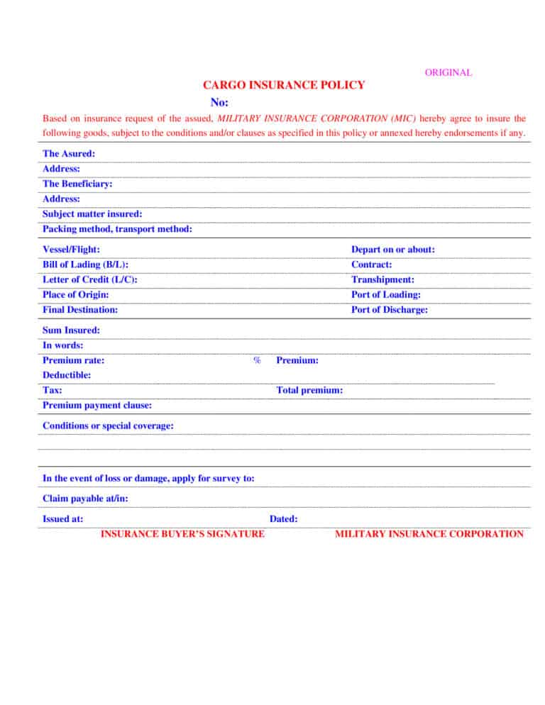 Mẫu đơn bảo hiểm hàng hóa xuất nhập khẩu