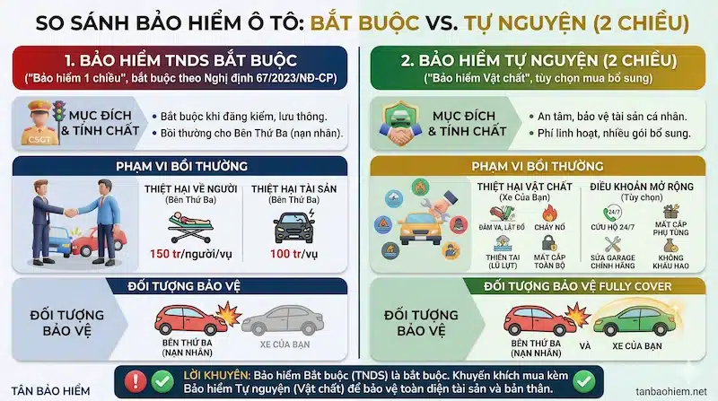 Bảo hiểm xe ô tô 2 chiều 2 Bảng so sánh chi tiết Bảo hiểm ô tô Bắt buộc vs Tự nguyện