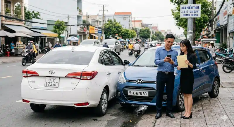 Bảo hiểm trách nhiệm dân sự (TNDS) là gì ? 2 iải thích khái niệm bảo hiểm TNDS là gì thông qua một tình huống va chạm thực tế, thể hiện sự an tâm và trách nhiệm pháp lý của người được bảo hiểm khi có bảo hiểm TNDS bắt buộc.