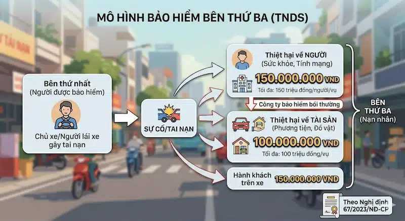 Bảo hiểm trách nhiệm dân sự (TNDS) là gì ? 3 Sơ đồ minh họa trực quan trong bài viết, định nghĩa rõ ràng "Bên thứ ba" là người bị thiệt hại do xe của bạn gây ra và con số bồi thường tối đa 150 triệu đồng/người từ bảo hiểm TNDS. Nó giúp người đọc phân biệt rõ các bên trong hợp đồng bảo hiểm dân sự bắt buộc.