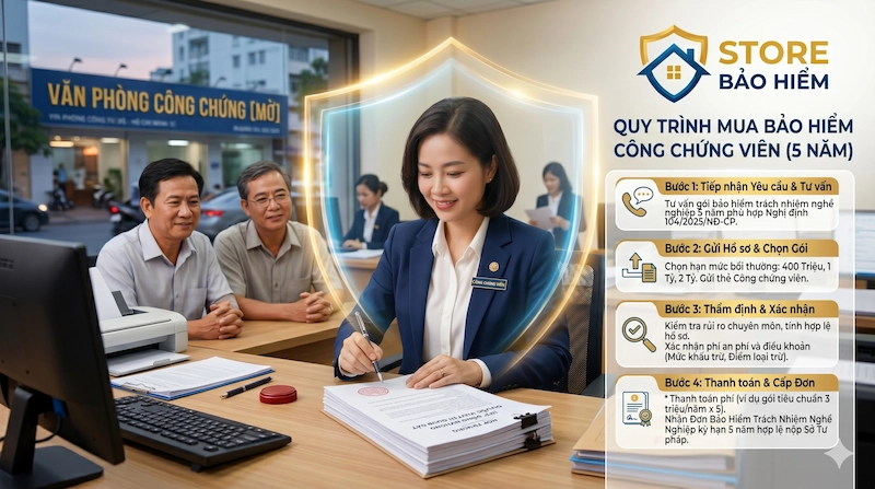 Quy trình mua bảo hiểm công chứng viên kỳ hạn 5 năm cực kỳ đơn giản và nhanh chóng tại Store Bảo Hiểm, đảm bảo tuân thủ Nghị định 104/2025.