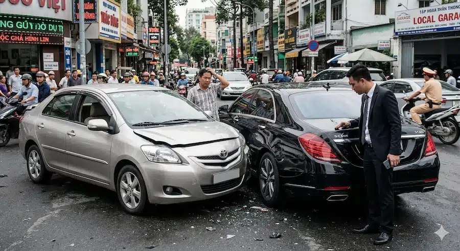 Ảnh minh họa một vụ va chạm giữa xe phổ thông và xe hạng sang trên đường phố