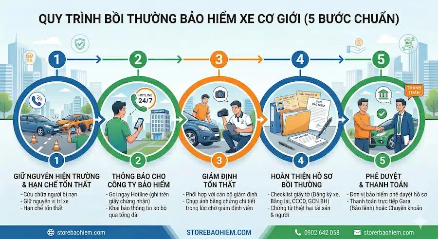 Quy trình bồi thường 5 bước bảo hiểm xe ô tô